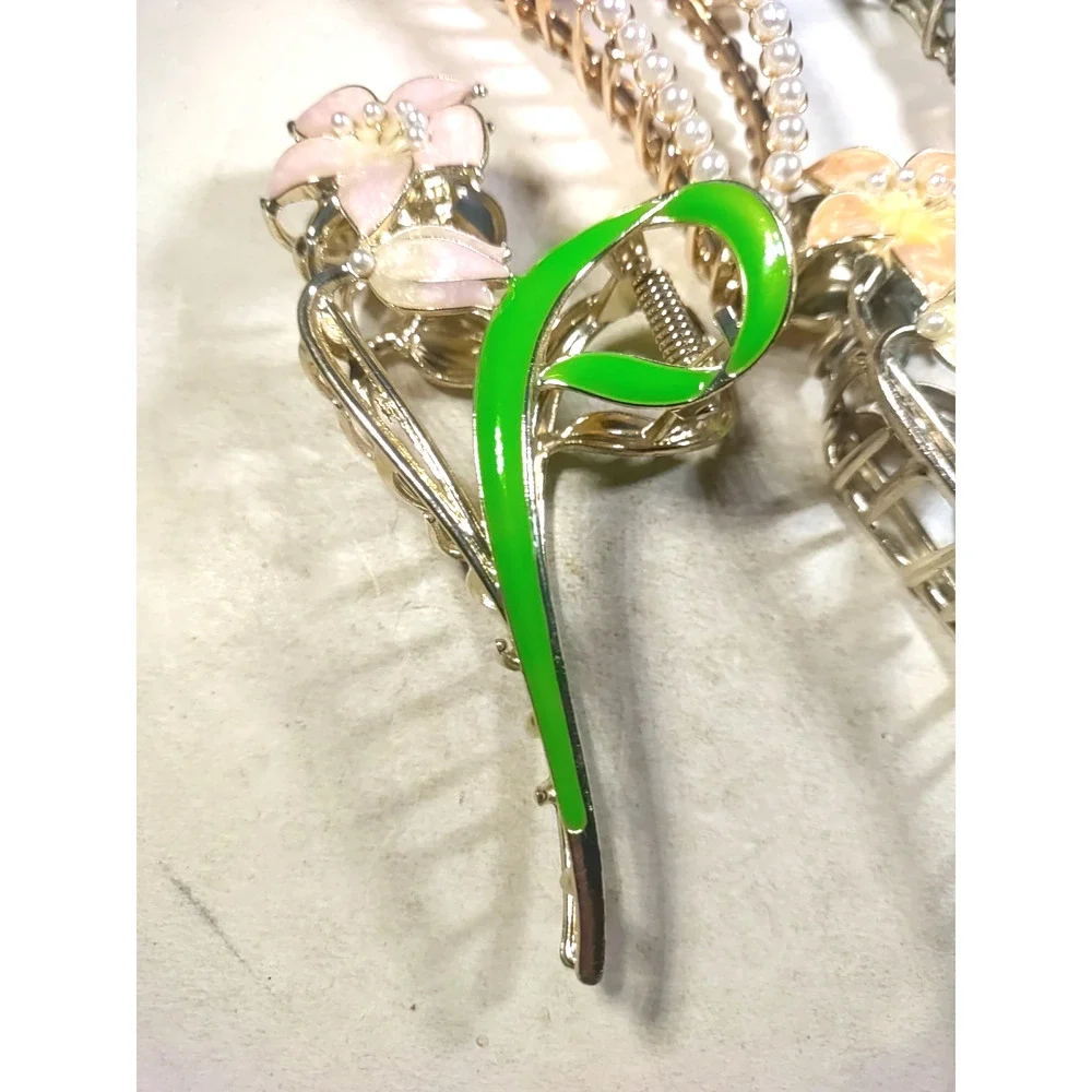 Lot Of 4 Hair Barrettes Tension Clips Flowers Butterfly Fancy Pearls
